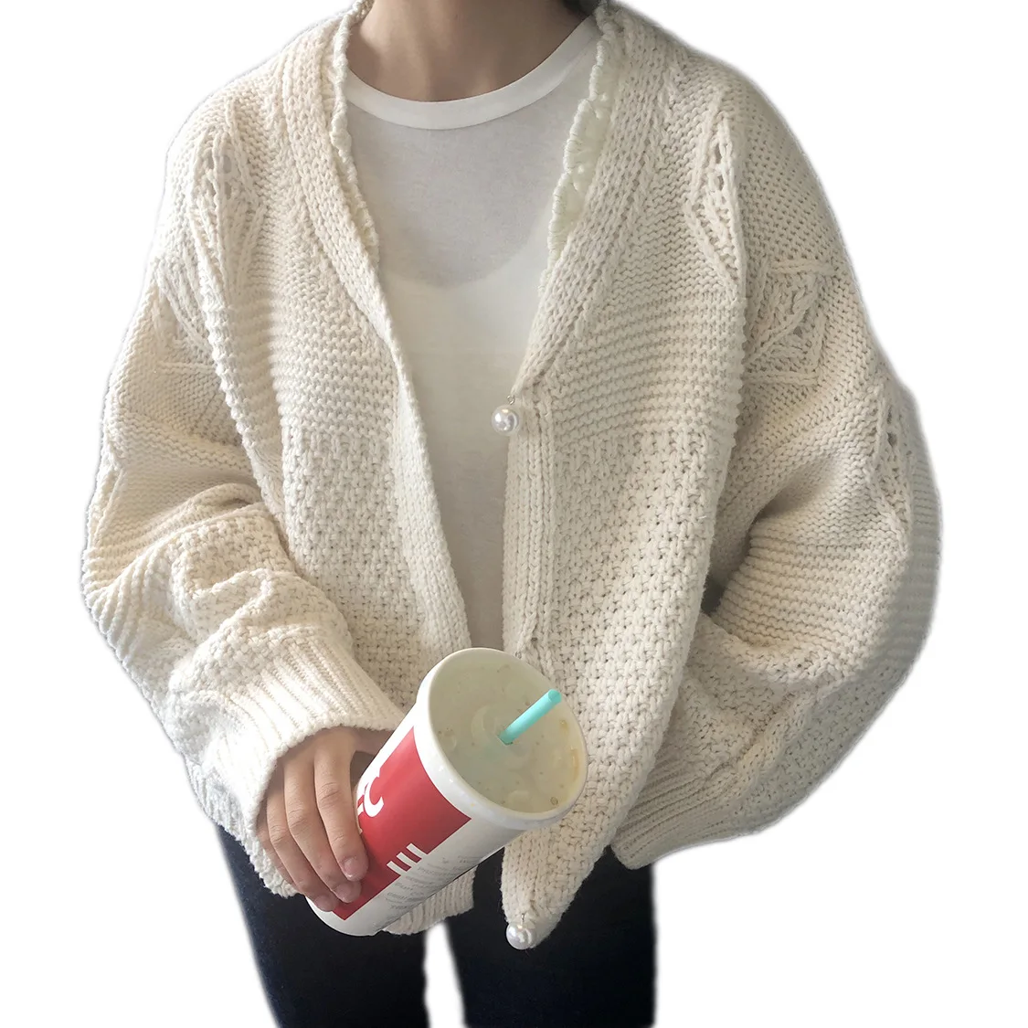"Women of Autumn Long Sleeve Button Cardigan Loose V Neck Fashion Cardigan Coat
