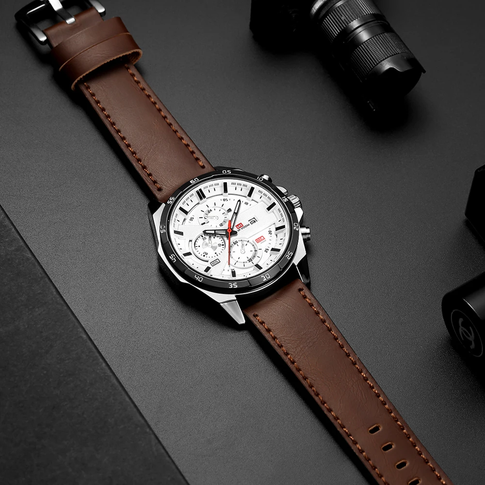 Мужские водонепроницаемые кварцевые часы с кожаным ремешком отображением даты |
