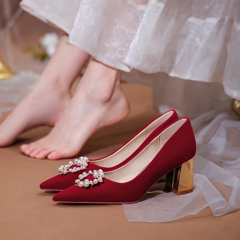 

Wedding Shoes Women Can Wear Chinese Wedding Bride Shoes Wine Red High Heels To Get Married with Pregnant Women