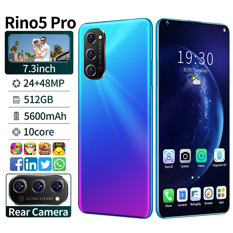 Rino 5 Pro 7.3 Inch Smartphone FullScreen 5600mAh 10-core 128/256 GB 24 48MP Face ID 4G Smart Mobile Cell Phone Snapdragon 865 
Rino 5 Pro 7.3 Inch Smartphone FullScreen 5600mAh 10-core 128/256 GB 24 48MP Face ID 4G Smart Mobile Cell Phone Snapdragon 865