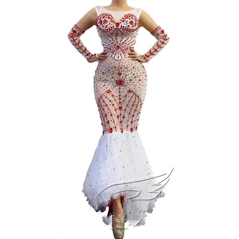 Red Rhinestones White Mesh Elastic One-piece Evening Dresses and Fishtail Long Dress Pole Dancing Costumes Dancer Dress XS1059
Red Rhinestones White Mesh Elastic One-piece Evening Dresses and Fishtail Long Dress Pole Dancing Costumes Dancer Dress XS1059