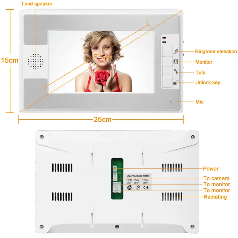 New Arrivals!!! Household 7 Inch TFT LCD Screen Display Wired Doorbell Aluminum Alloy Waterproof Night Vision Infrared Doorbell
New Arrivals!!! Household 7 Inch TFT LCD Screen Display Wired Doorbell Aluminum Alloy Waterproof Night Vision Infrared Doorbell