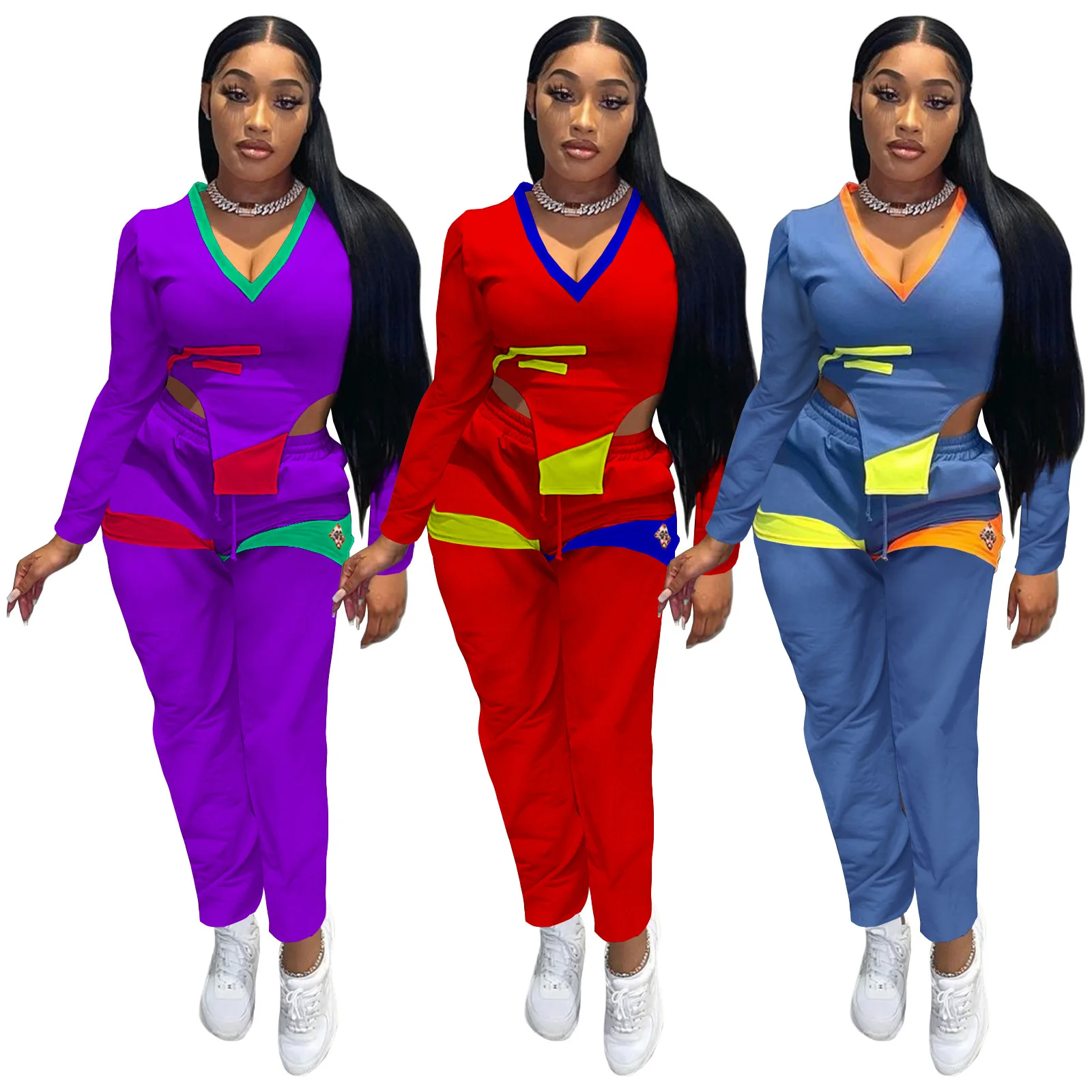 Women's casual two-piece suit spring and autumn women's fashion print stitching V-neck trousers sports suit
Women's casual two-piece suit spring and autumn women's fashion print stitching V-neck trousers sports suit