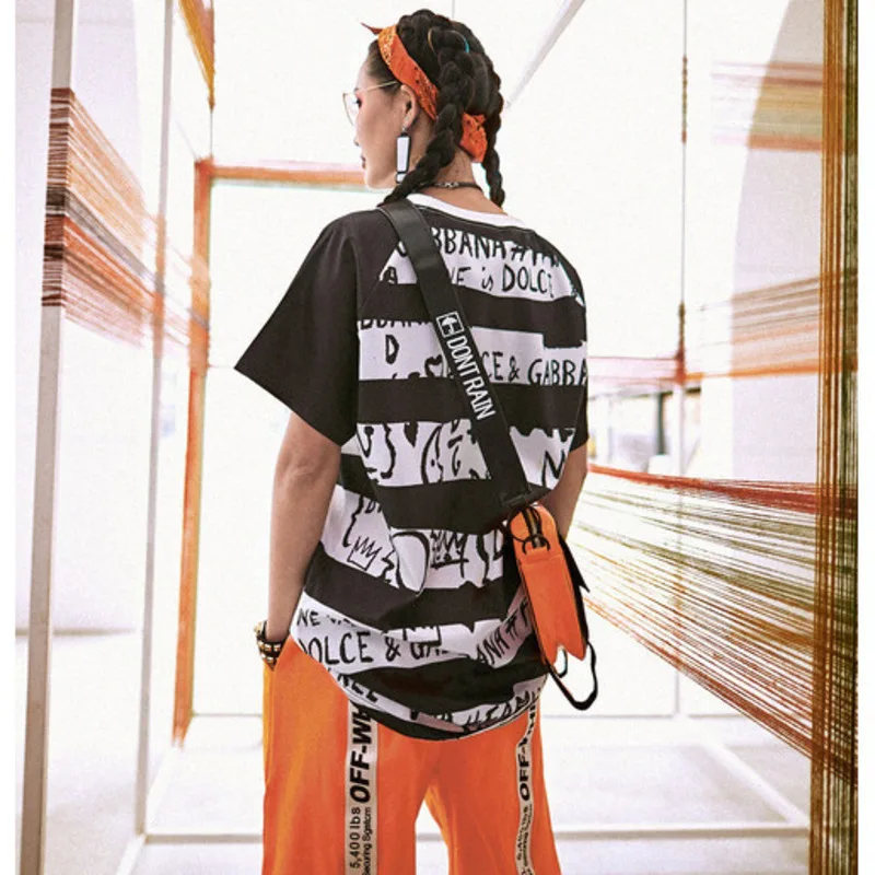 Vefadisa Summer Cartoon Dog Print Women T-shirt 2020 Black White Stripe Loose Short Sleeve QYF2472 | Женская одежда