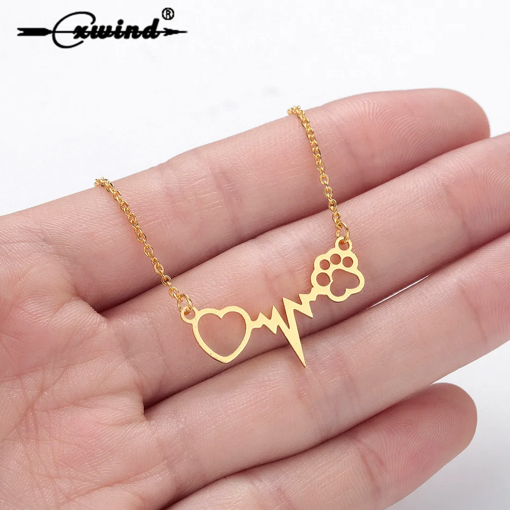 

Cxwind Cute Animal Cat Dog Puppy Footprint Necklaces Pendants Love ECG Heart Heartbeat Paw Print Chain Necklace Jewelry collares