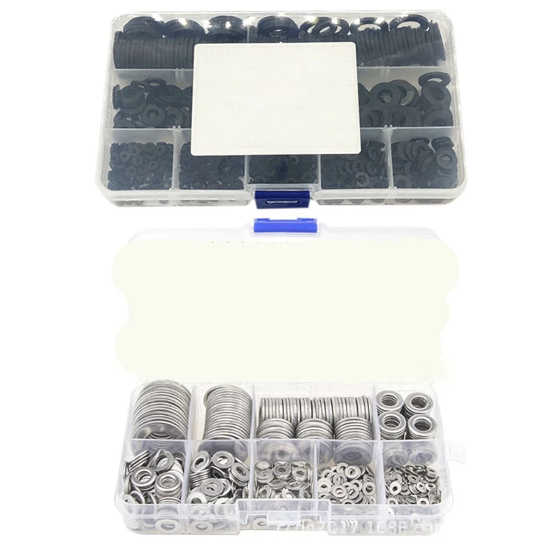 580 Pcs, Stainless Steel Flat Washers Set 9 Sizes & 600Pcs Black Nylon Rubber Flat Washer Assortment Kit
580 Pcs, Stainless Steel Flat Washers Set 9 Sizes & 600Pcs Black Nylon Rubber Flat Washer Assortment Kit