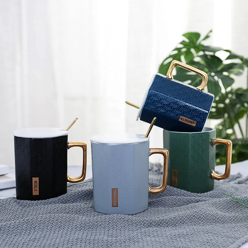Japanese simple with lid spoon polygonal gold dressing ceramic coffee mug couple household water cup mug
Japanese simple with lid spoon polygonal gold dressing ceramic coffee mug couple household water cup mug