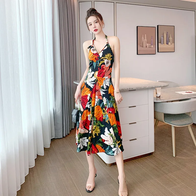 

French Styles Print Flower Summer Beach Dress for Woman Vacations Clothe Slip Off Shoulder Long Dress Lady Corset Sexy Sundress