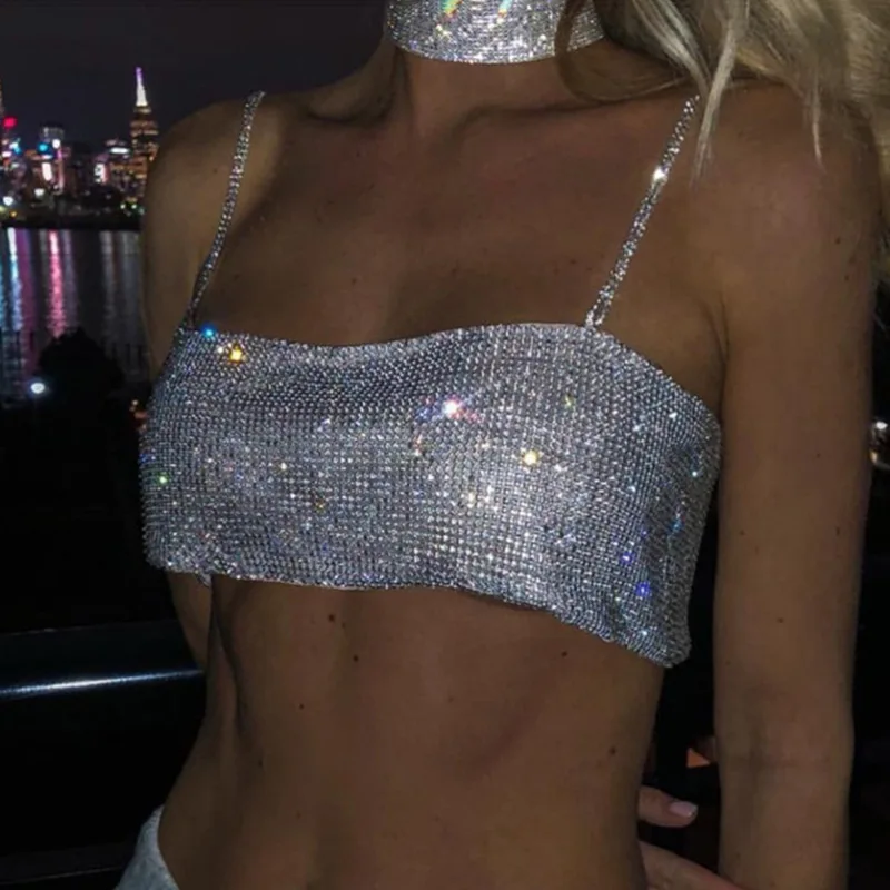 2021 Summer Shiny Crystal Chain Tank Top Silver Metal Mesh Halter Metallic Strap Crop Tops Vest Party Clubwear Outfits
2021 Summer Shiny Crystal Chain Tank Top Silver Metal Mesh Halter Metallic Strap Crop Tops Vest Party Clubwear Outfits