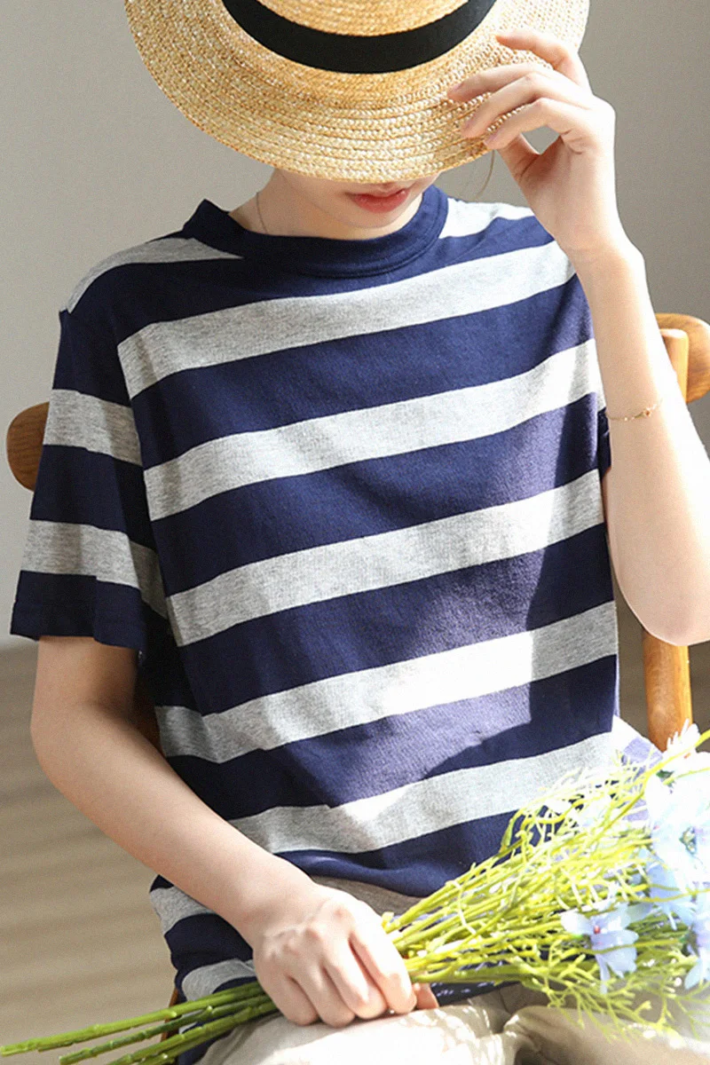 Summer New Women Basics All-match Casual Artistic Loose Striped Comfortable Water Washed Elastic Cotton Pullover T-shirts Tops
Summer New Women Basics All-match Casual Artistic Loose Striped Comfortable Water Washed Elastic Cotton Pullover T-shirts Tops