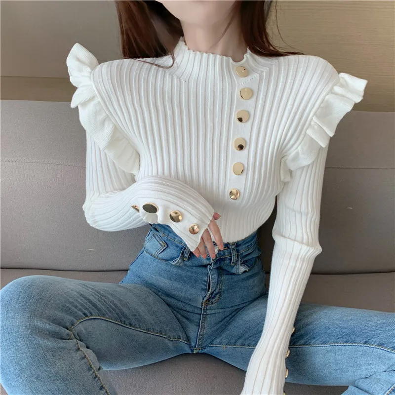 Striped Half High Neck Women's Knitting Sweater Ruffle Slim Black Long Sleeve Pullover Jumper High Street Style New Ladies Sweat
Striped Half High Neck Women's Knitting Sweater Ruffle Slim Black Long Sleeve Pullover Jumper High Street Style New Ladies Sweat