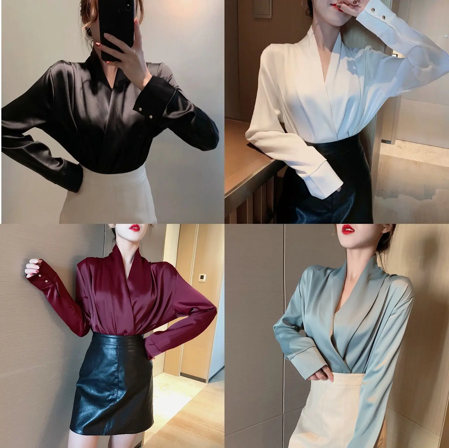 Spring/autumn Korean fashion slim solid V-neck long sleeve satin chiffon women shirts blouses office lady normal business top
Spring/autumn Korean fashion slim solid V-neck long sleeve satin chiffon women shirts blouses office lady normal business top