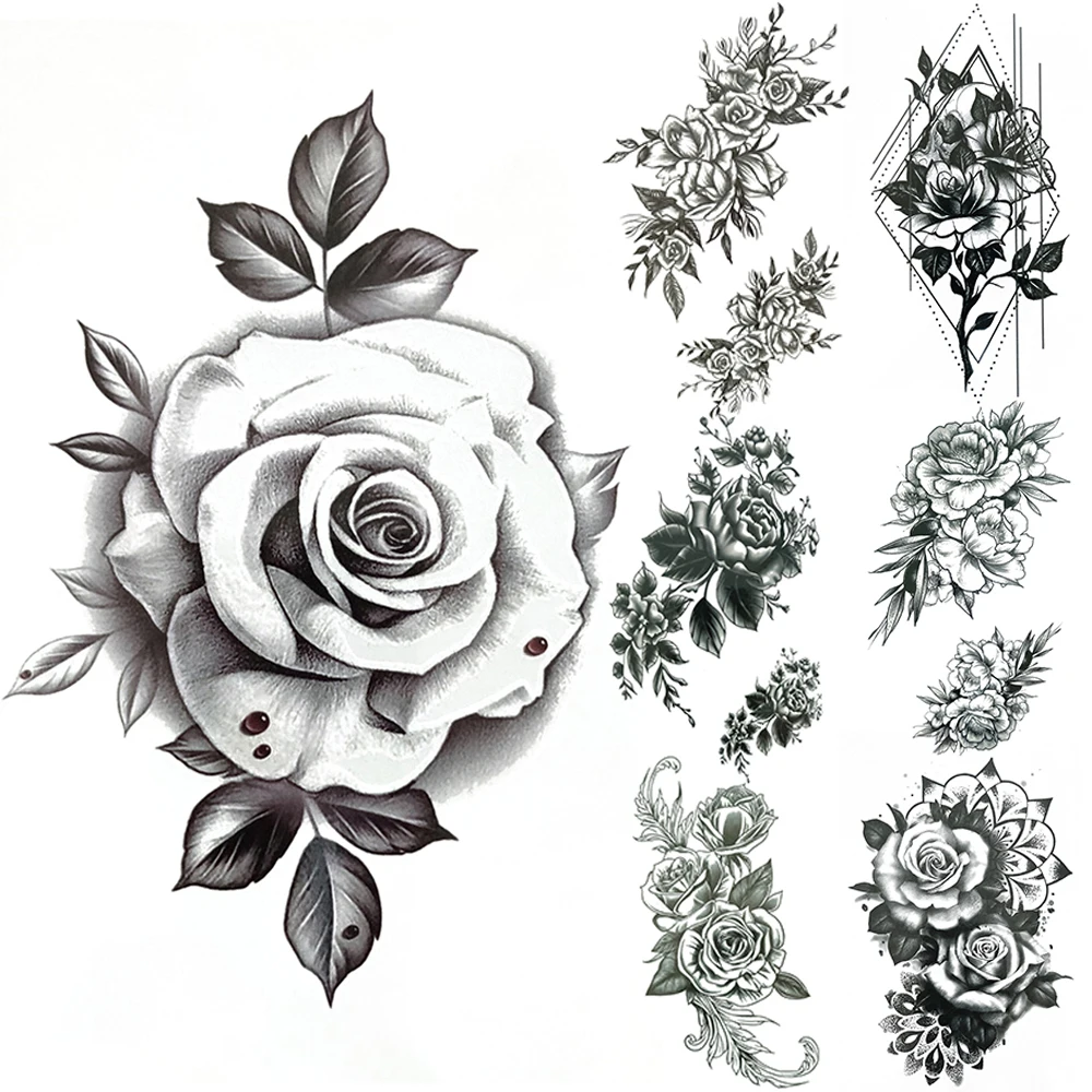 

Sketch Peony Temporary Tattoos For Women Paint Black Rosees Daisy Flowers Tattoo Sticker Lily Sweat Pea Bloosom Fake Tatoos Arm