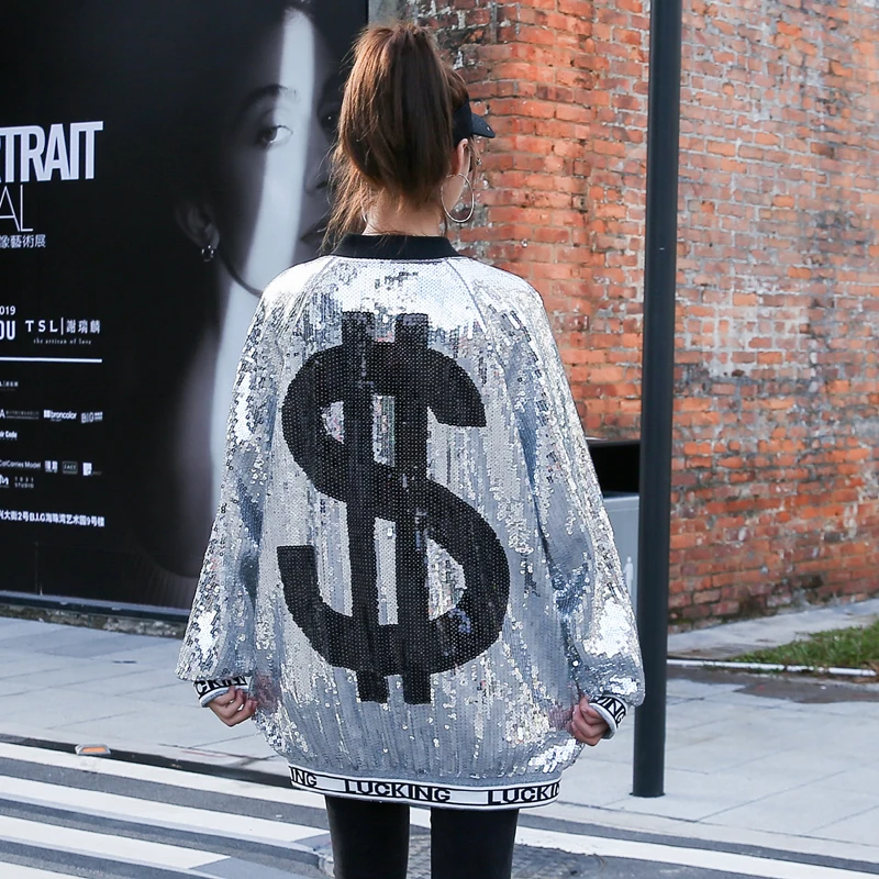 Thailand tide brand jacket female 2019 new Korean version ins personality heavy work letters color matching sequins women | Женская