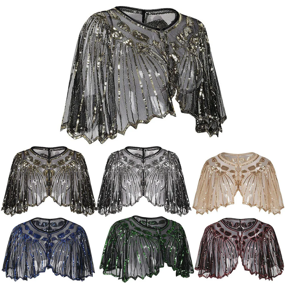 

Women Sequin Hollow Shawl Beaded Evening Cape Bolero Flapper Cover up Blouse Banquet Shrug Embroidered Floral Lace Fake Collar
