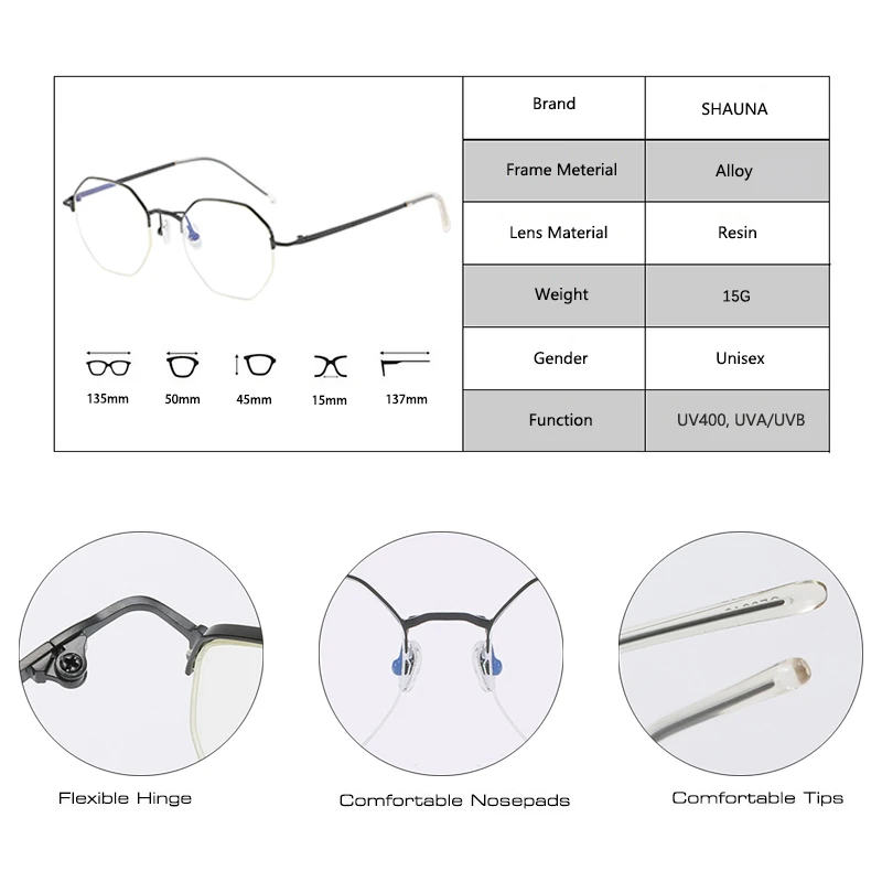 Мужские и женские классические очки SHAUNA винтажные с металлической оправой без