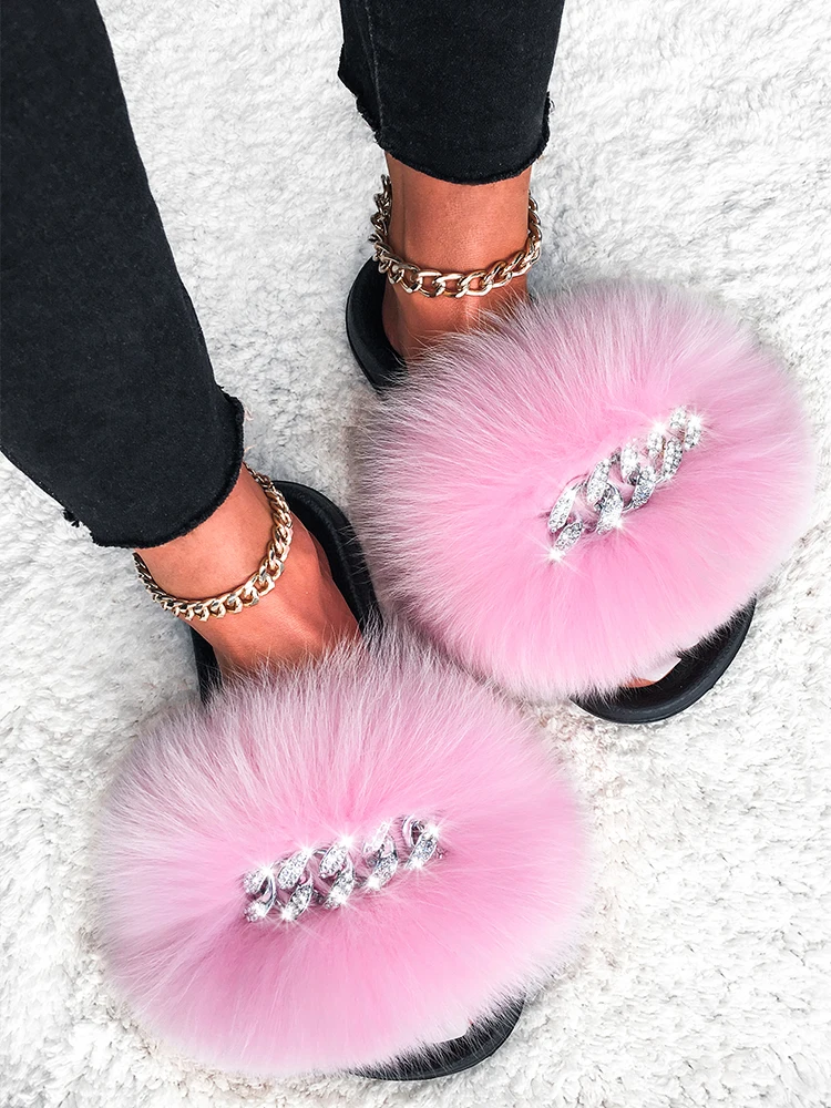 

Hot Sale 100% Real Fox Raccon Fur Fluffy Flat Slipper Lady Indoor Slides Furry Young Girl Casual Woman Shoes Fashion Summer 2021