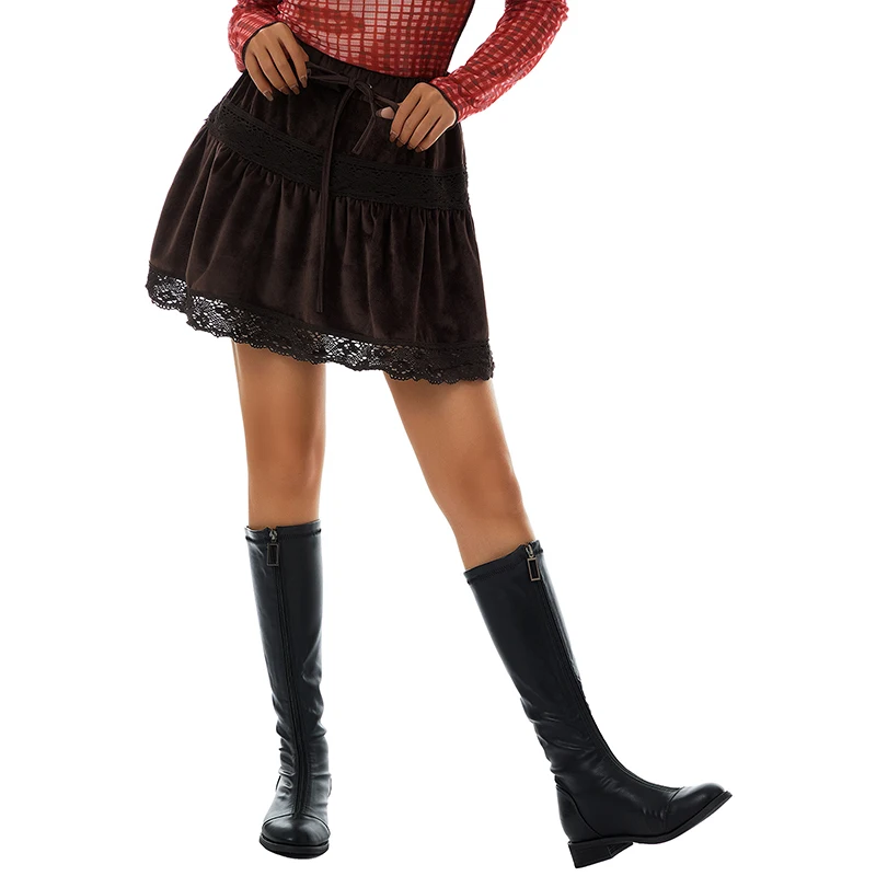 Женская мини-юбка, Модная креативная однотонная кружевная юбка с высокой талией и кулиской для дам, коричневая 
Женская мини-юбка, Модная креативная однотонная кружевная юбка с высокой талией и кулиской для дам, коричневая