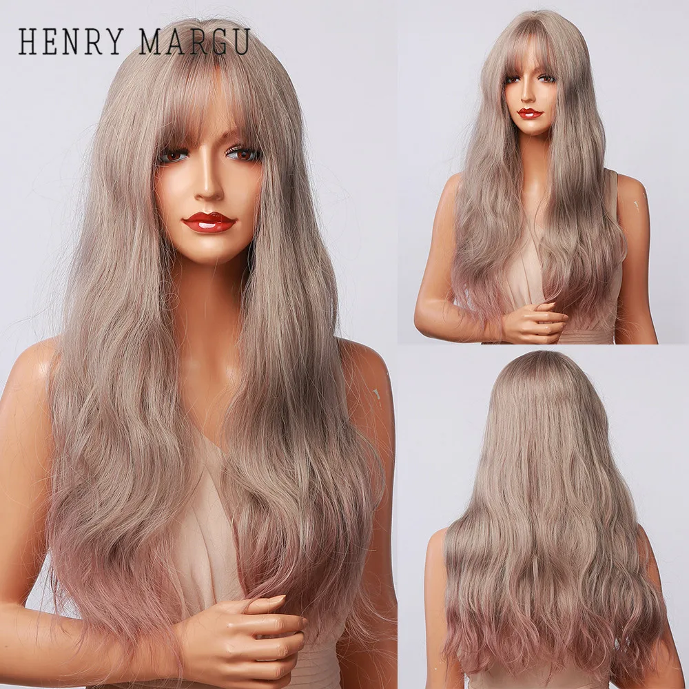 

HENRY MARGU Long Ombre Ash White Light Purple Mixed Wigs with Bangs Cosplay Lolita Wavy Heat Resistant Synthetic Wig for Women