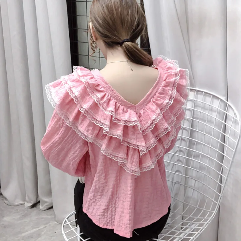 #1941 White Pink Ruffles Blouse Women V Neck Pearls Spliced Lace Sexy Basic Blouse Femme Lantern Sleeved Women Blouses Loose
#1941 White Pink Ruffles Blouse Women V Neck Pearls Spliced Lace Sexy Basic Blouse Femme Lantern Sleeved Women Blouses Loose