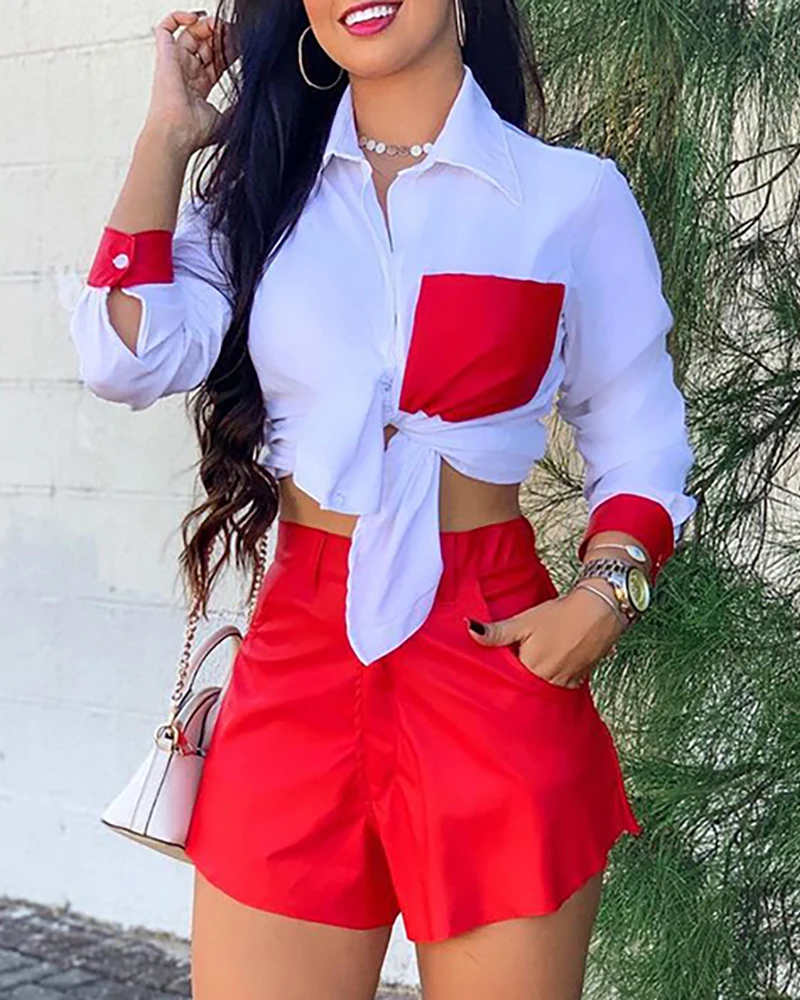 2021 Women Spring Summer Turn-down Collar Pockets Long Sleeve Casual Blouse Colorblock Tie Front Top & Shorts Set
2021 Women Spring Summer Turn-down Collar Pockets Long Sleeve Casual Blouse Colorblock Tie Front Top & Shorts Set