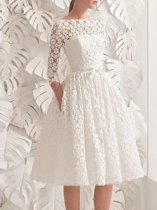

Женское Короткое свадебное платье It's yiiya, белое кружевное платье трапециевидной формы с рукавом 4/3 на лето