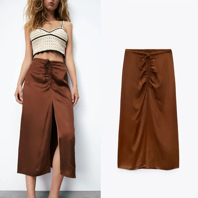 Za 2021 Summer Woman Midi Skirt Fashion Satin Ruched Elastic High Waist Skirts Vintage Front Tie Slit Hem club Long Skirts Women
Za 2021 Summer Woman Midi Skirt Fashion Satin Ruched Elastic High Waist Skirts Vintage Front Tie Slit Hem club Long Skirts Women
