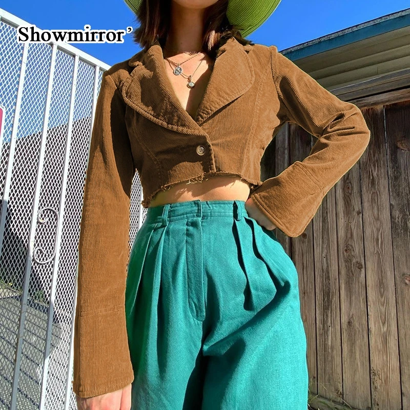 ShowmirrorVintage гранж Вельветовая укороченная куртка с одной пуговицей V-образным