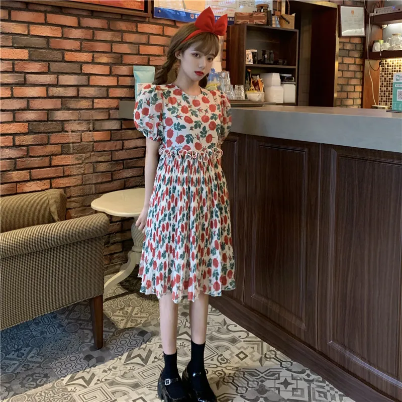 ZAWAHIKI Korean Sweet Elegant Print Floral Women Dress Summer O Neck Puff Short Sleeve High Waist Pleated Dress Chiffon Vestidos 
ZAWAHIKI Korean Sweet Elegant Print Floral Women Dress Summer O Neck Puff Short Sleeve High Waist Pleated Dress Chiffon Vestidos