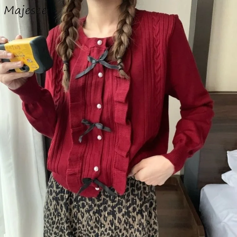 

Cardigans Women Knitted New Year Vintage Burgundy Bow Single Breasted O-neck Sweet Ruffles Korean Style Girls Leisure Sweaters