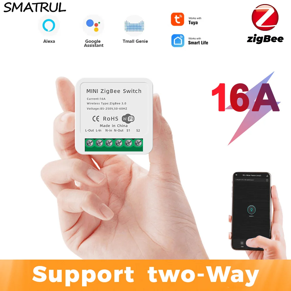 

SMATRUL Tuya ZigBee 3.0 Smart Switch Light 16A Mini Automation Module DIY Breaker Supports 2 Way Control For Alexa,Google Home