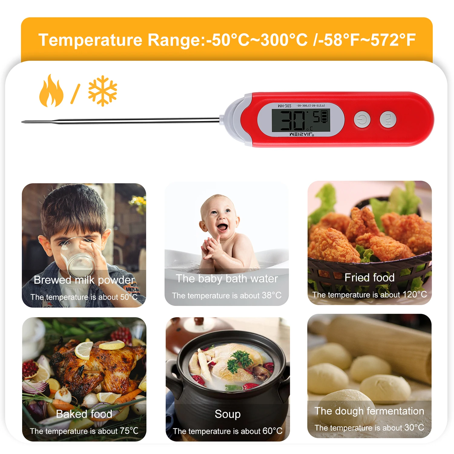 Instant Read Food Thermometer LED with Backlight Digital Meat Thermometers with Waterproof Probe / Switchable Data
Instant Read Food Thermometer LED with Backlight Digital Meat Thermometers with Waterproof Probe / Switchable Data