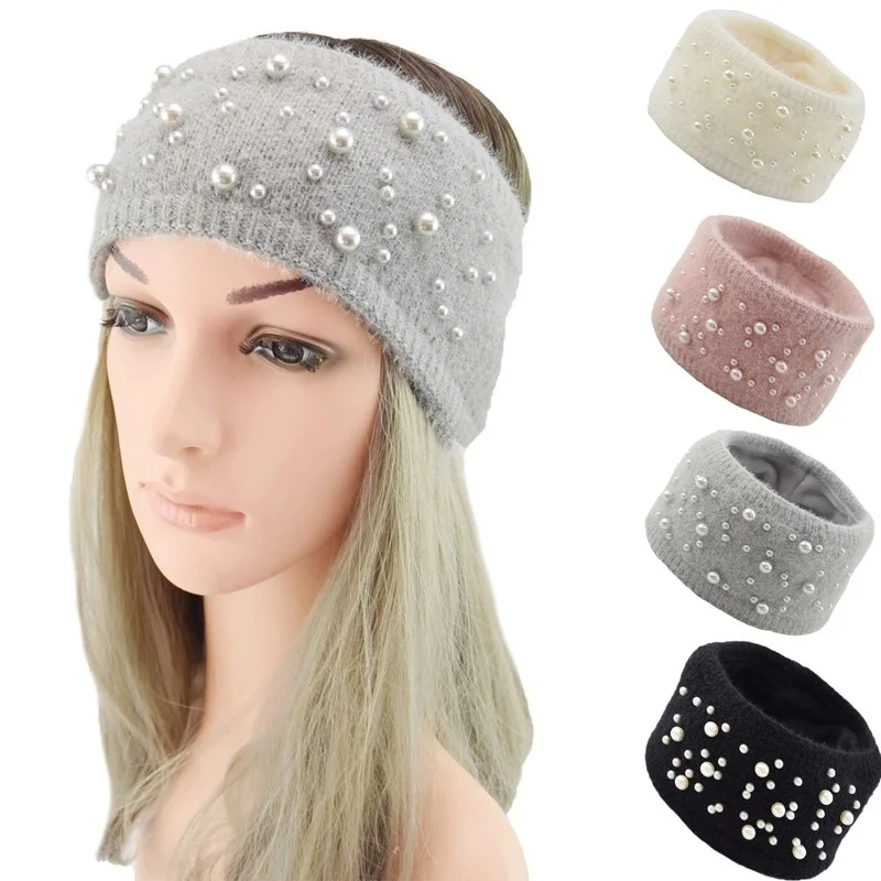 

Winter Imitation Mink Fur Pearl Headbands Wide Warm Ear Warmer Turban for Women Girls Knitted Hairbands Ladies Hair Accessories