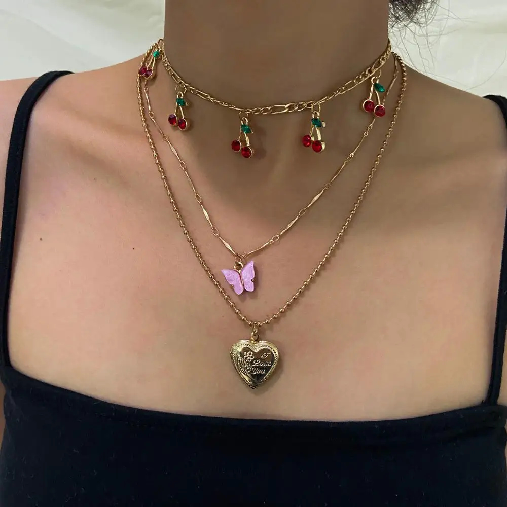 Layered Red Cherry Pink Butterfly Heart Pendant Necklace Ladies Vintage Gold Color Metal Bead Necklaces Girls Fashion Jewelry
Layered Red Cherry Pink Butterfly Heart Pendant Necklace Ladies Vintage Gold Color Metal Bead Necklaces Girls Fashion Jewelry