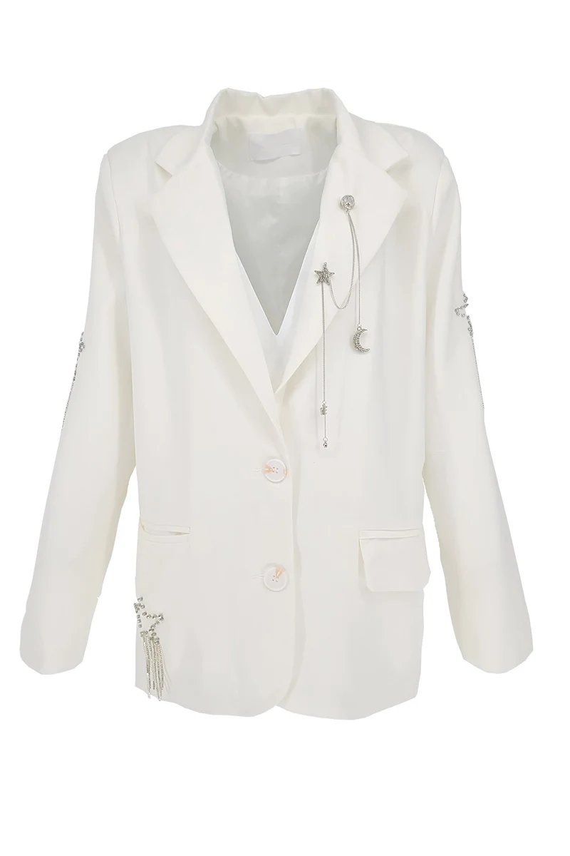 Korean Style White Collar Suit Diamond Studded by Hand XINGX Tassel Chain Net Red Suit Jacket for Women Spring 2021 New
Korean Style White Collar Suit Diamond Studded by Hand XINGX Tassel Chain Net Red Suit Jacket for Women Spring 2021 New