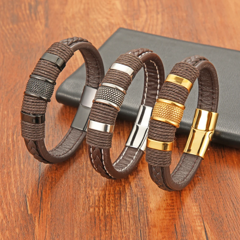 Punk Rock Style Men's Fashion Brown Leather Rope Braided Bracelet With Stainless Steel Magnetic Clasp Jewelry For Friends Gifts |