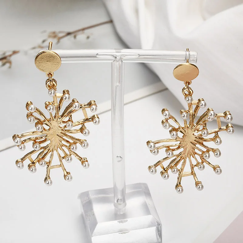 Bohemian Style Pearl Earrings New Korean Version Of Snowflake Metal Pendant Women's Elegant Charm Jewelry | Украшения и