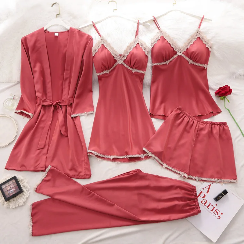 Spring Summer New Pajamas Set Women Satin 5PCS Sleepwear Lace Trim Robe Suit Female Pijamas Suit V-neck Pyjamas Pour Home Wear
Spring Summer New Pajamas Set Women Satin 5PCS Sleepwear Lace Trim Robe Suit Female Pijamas Suit V-neck Pyjamas Pour Home Wear