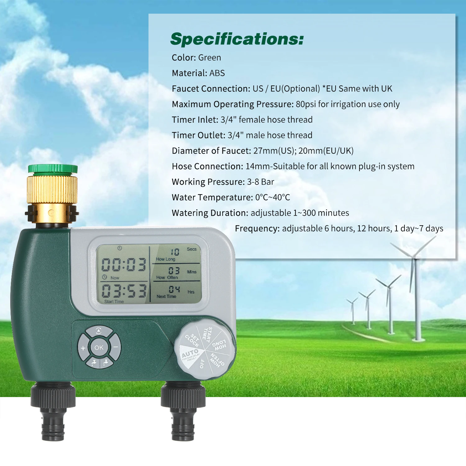 Programmable Digital Hose Faucet Timer Battery Operated Automatic Watering Sprinkler System Irrigation Controller with 2 Outlet
Programmable Digital Hose Faucet Timer Battery Operated Automatic Watering Sprinkler System Irrigation Controller with 2 Outlet