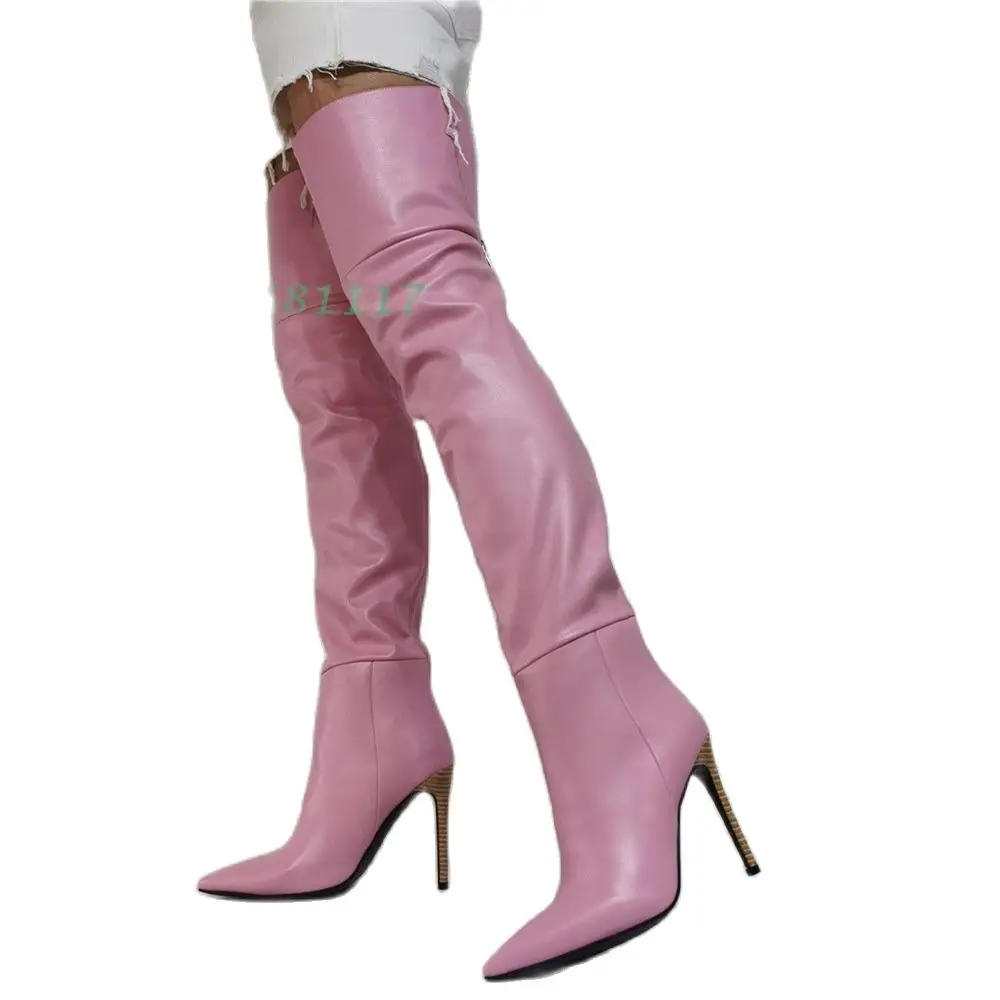 

Pink Thigh High Boots Pointed Toe High Heel Splicing Boots Back Zipper Stiletto Heels 2022 New Banquet Catwalk Lovely Shoes