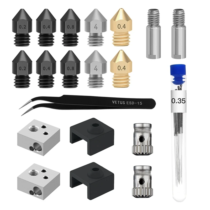 3D Printer Nozzle MK8 Aluminum Block Tool Tweezers 0.35mm Cleaning Needle MK8 Sock Extrusion Wheel, Nozzle Kit
3D Printer Nozzle MK8 Aluminum Block Tool Tweezers 0.35mm Cleaning Needle MK8 Sock Extrusion Wheel, Nozzle Kit