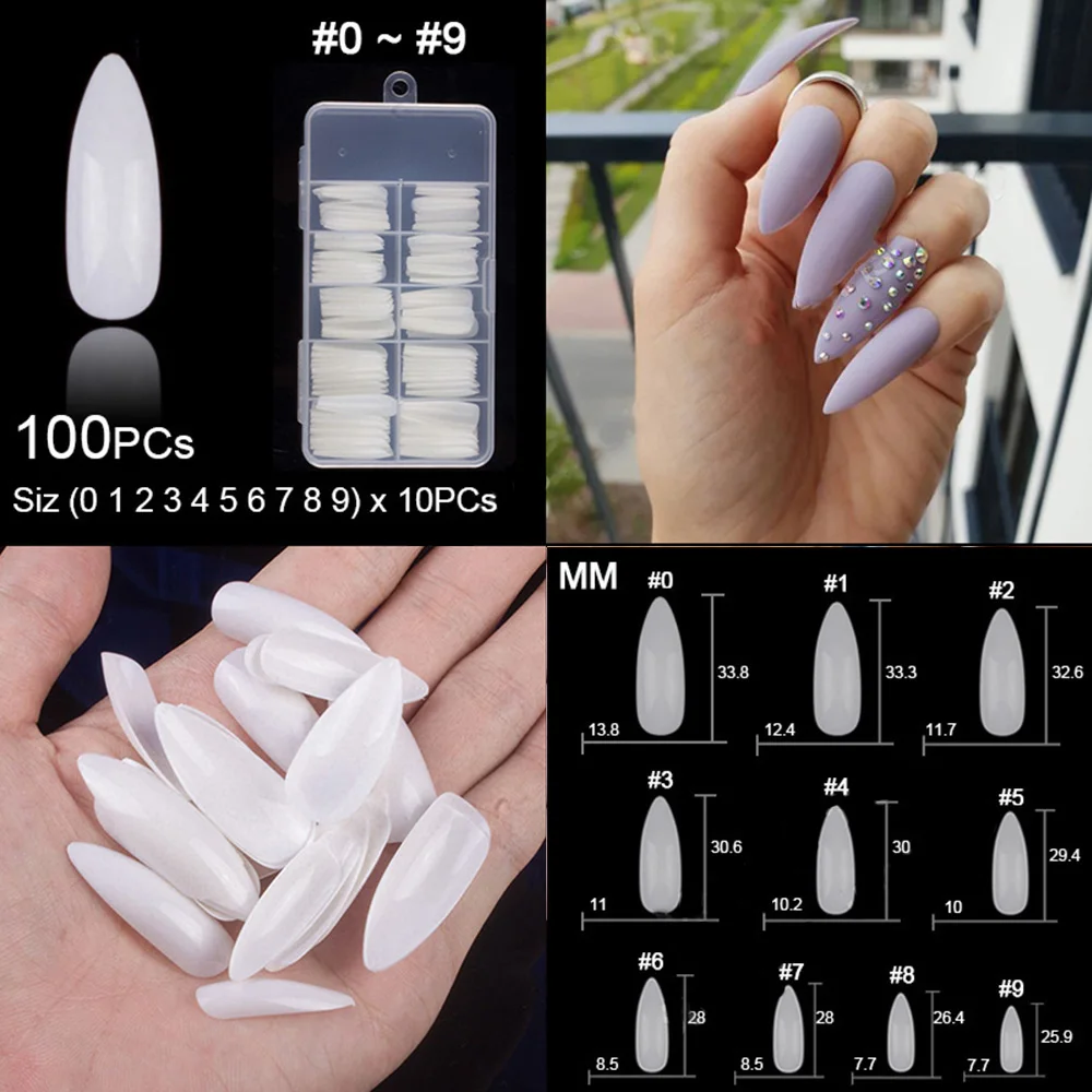 

100 Pieces Or 500pcs/bag Full Cover 10 Sizes Fake Nails Long Almond Stiletto False Nails Tips For Manicure Stiletto Pointy Nail