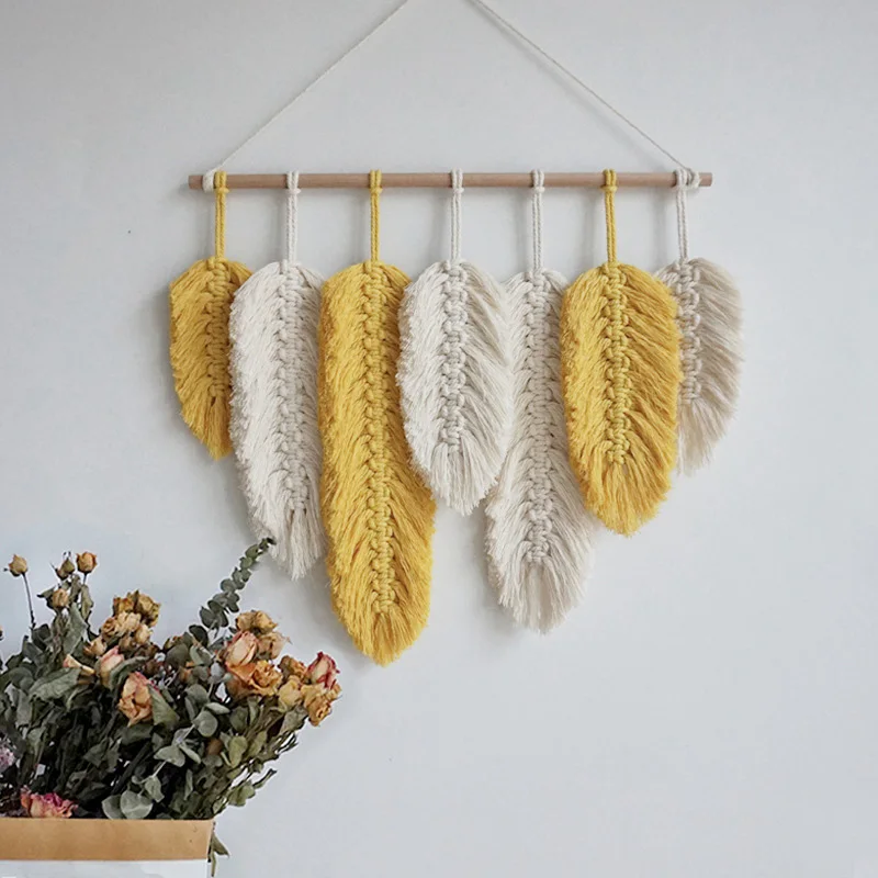 

Hand-Made Macrame Wall Hanging Feather Cotton Woven Leaves Living Room Headboard Door Porch Hangings Boho Decor Wall Tapestry