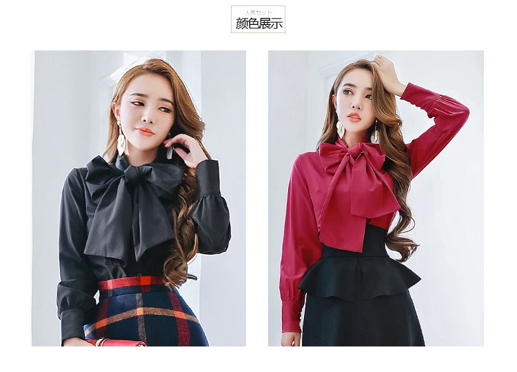 Free Shipping Women Fashion Top Bowtie Collar Long Sleeve Slim Blouse Elegant Solid Color Ladies High Quality Femal Shirt | Женская