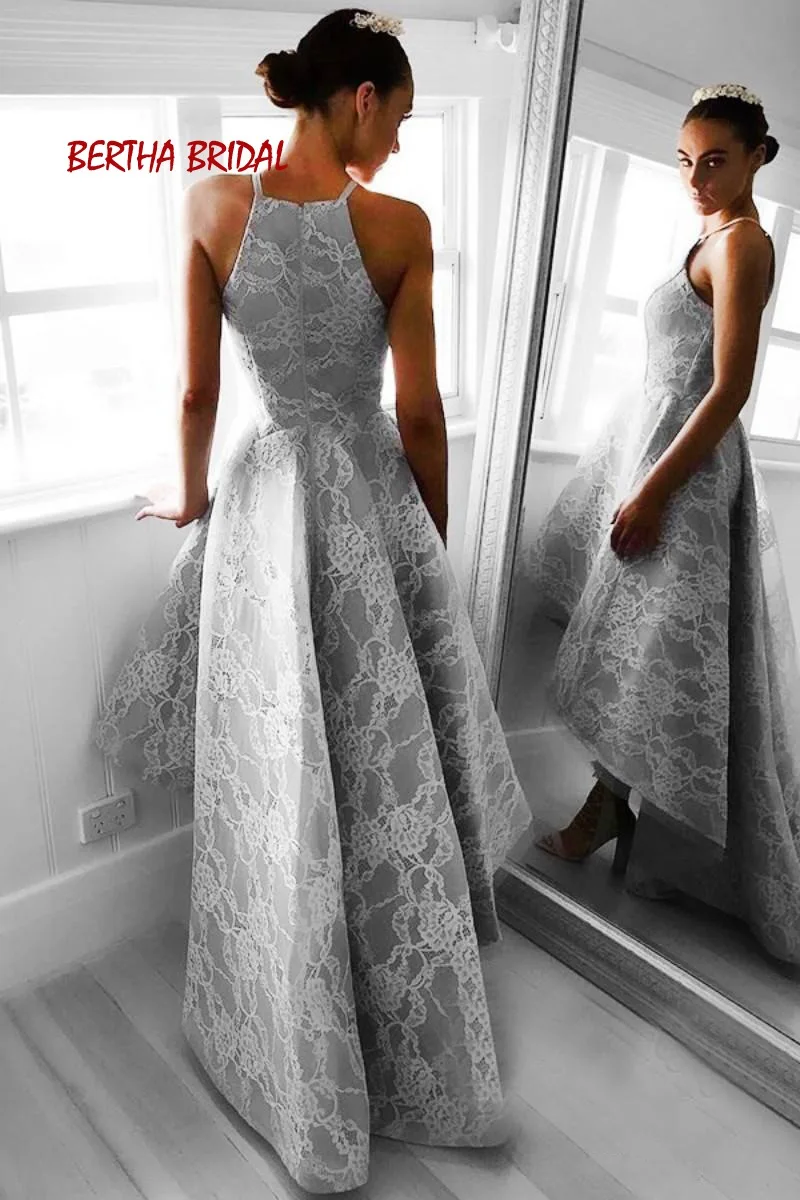 Gray High Low Prom Dress Halter Top Lace Arabic Evening Elegant Formal Dresses Gown Robe De Soiree | Свадьбы и торжества