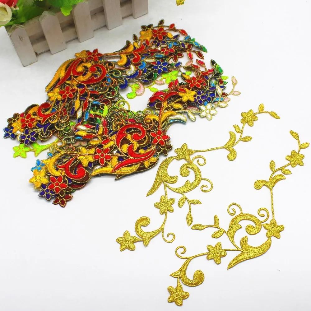 Фото Железная Золотая кружевная отделка 3D вышитые патчи зеркальная пара Цветочная