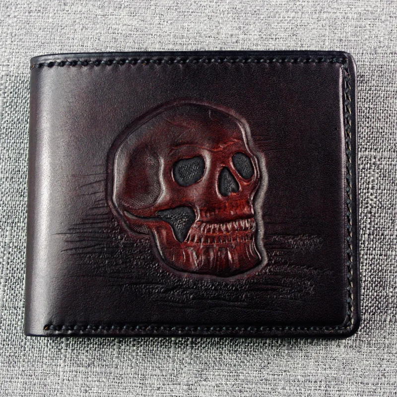 

Handmade Short Carving Skull Wallets Purses Women Men Clutch Vegetable Tanned Leather Wallet Card Holder Cartera Hombre