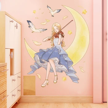 Girl Playing Violin on The Moon Wall Stickers for Kids Room Living Room Bedroom Decor Cartoon Wall Decals Art Diy Gift