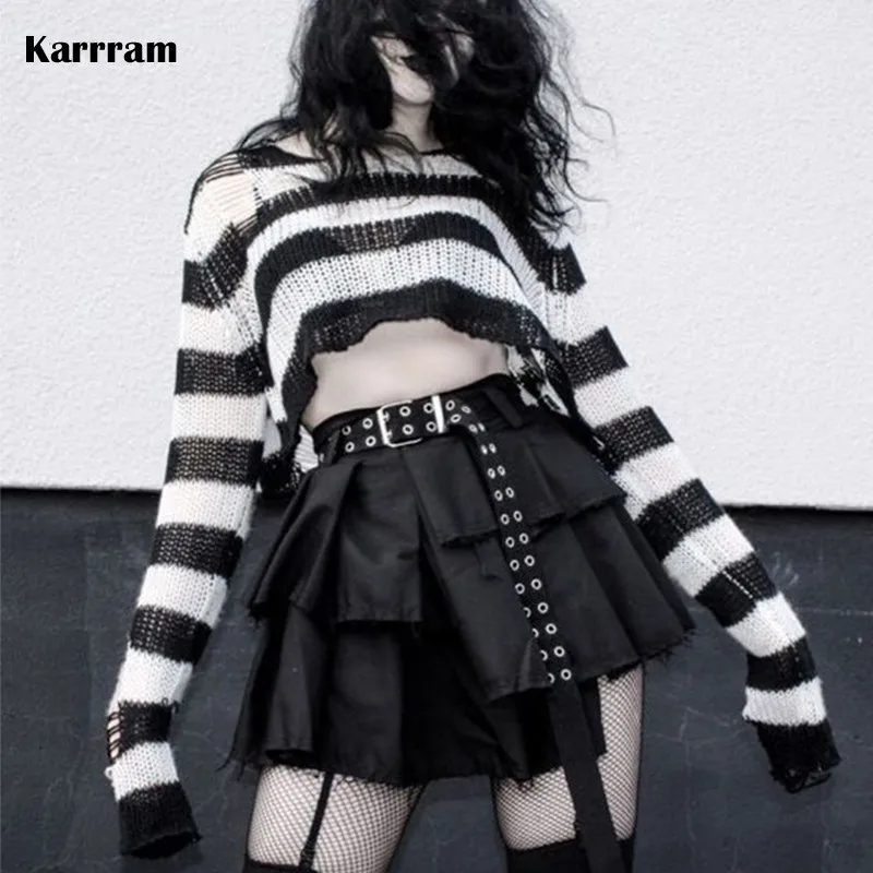 Punk Gothic Short Sweater 2021 Summer Women Sexy Striped Cool Hole Broken Jumper Loose Alt Emo Dark Streetwear Y2k Top Unisex
Punk Gothic Short Sweater 2021 Summer Women Sexy Striped Cool Hole Broken Jumper Loose Alt Emo Dark Streetwear Y2k Top Unisex