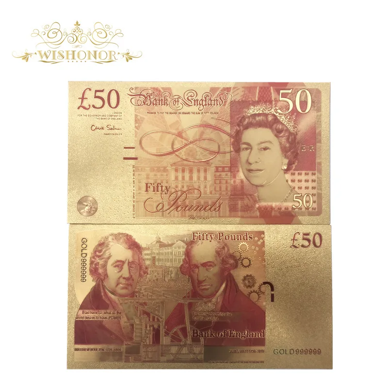 Wholesale 50 Pounds England Colorful Gold Banknote 50 Denomination Banknotes in 24K Gold Money for Gifts and Collection
Wholesale 50 Pounds England Colorful Gold Banknote 50 Denomination Banknotes in 24K Gold Money for Gifts and Collection